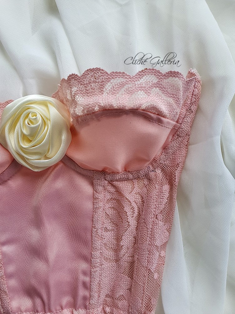 Deborah - Flamingo Rose Lace Silk Cream Rose Bustier