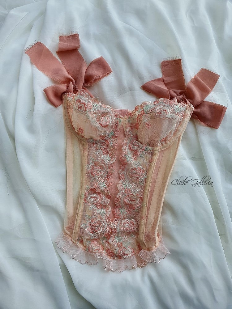 Camellia - Apricot Rose Lace Chiffon Sleeve Bustier