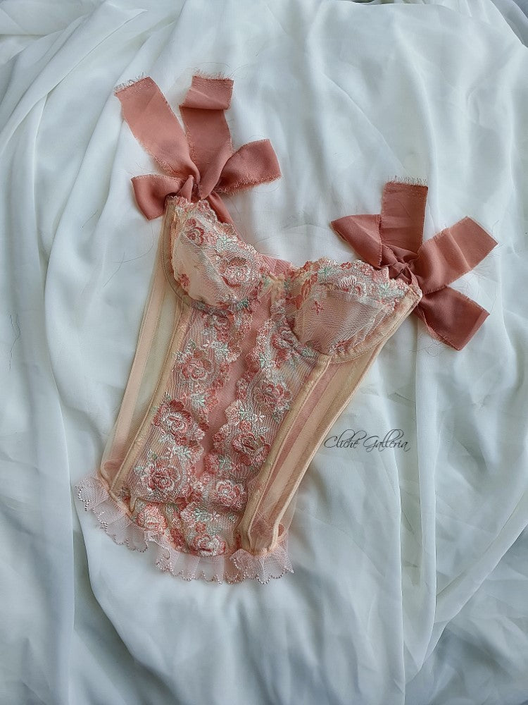 Camellia - Apricot Rose Lace Chiffon Sleeve Bustier