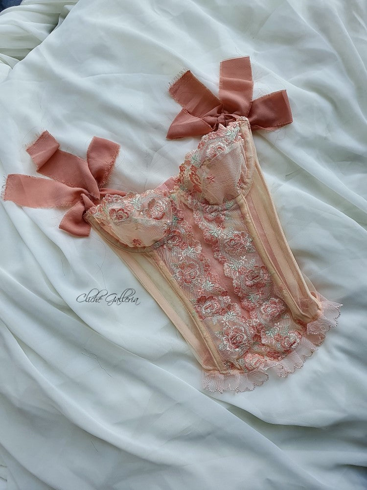 Camellia - Apricot Rose Lace Chiffon Sleeve Bustier