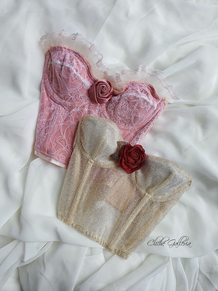 Rosalind - Bubblegum Pink Floral Lace Silk Rose Bustier