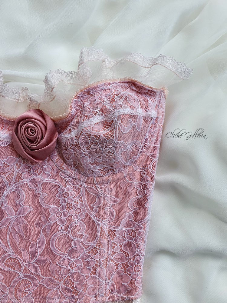 Rosalind - Bubblegum Pink Floral Lace Silk Rose Bustier