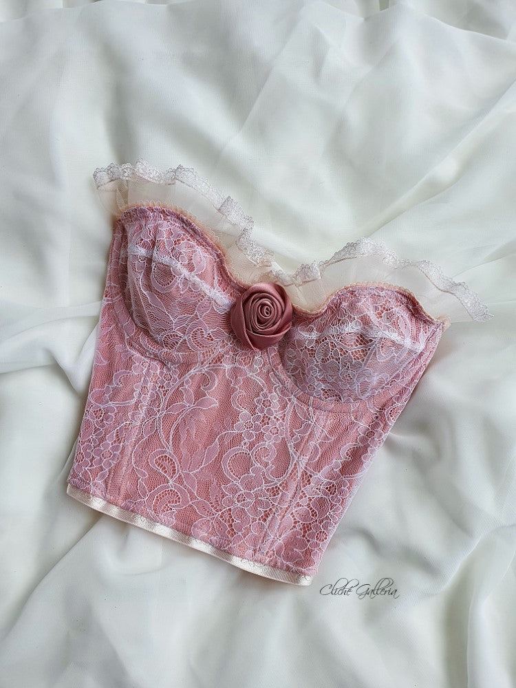 Rosalind - Bubblegum Pink Floral Lace Silk Rose Bustier