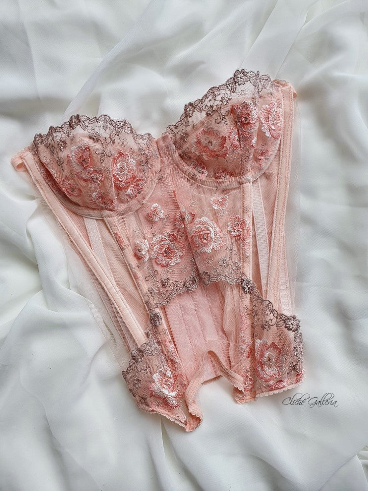Cecily - Dusty Coral Rose Lace Bustier