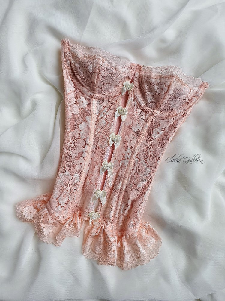 Cyra - Pink Apricot Blossom Lace Pearl Bow Bustier