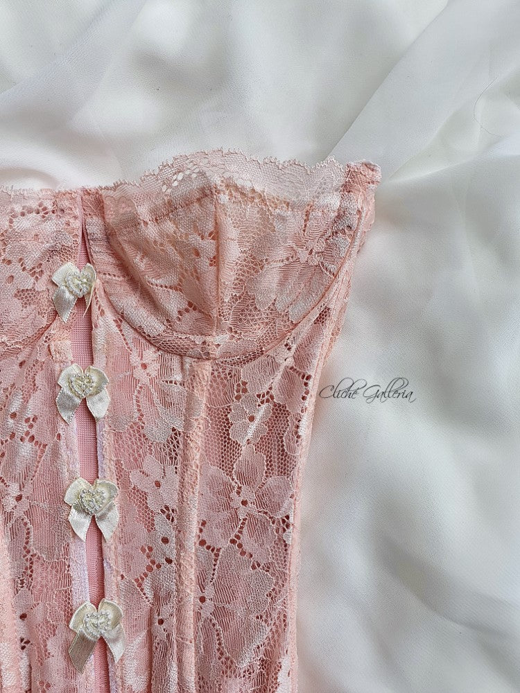 Cyra - Pink Apricot Blossom Lace Pearl Bow Bustier