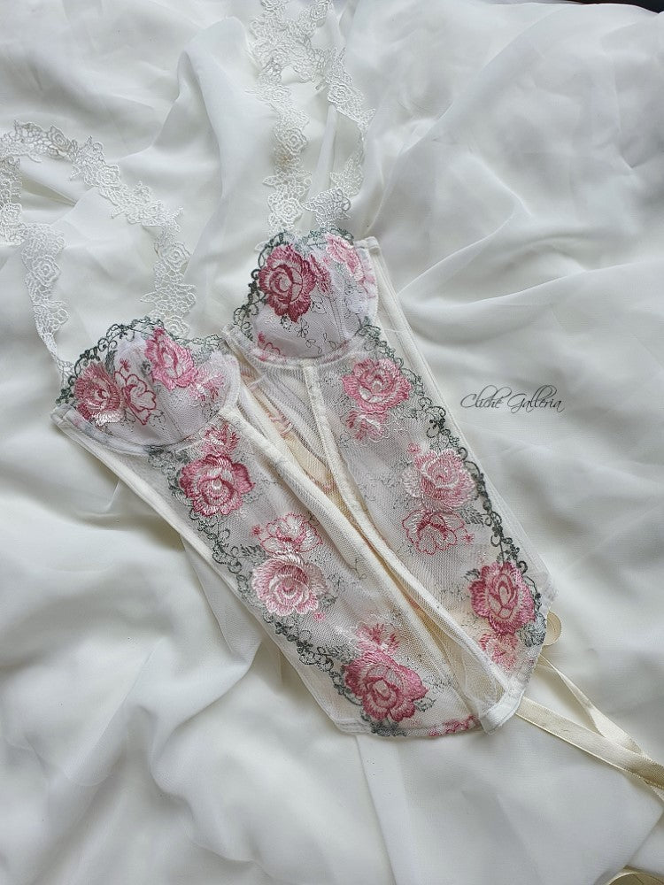 Evelyn - Watermelon Rose Lace Bustier