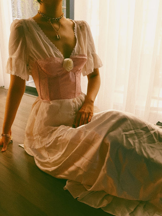 Deborah - Flamingo Rose Lace Silk Cream Rose Bustier