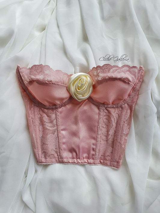 Deborah - Flamingo Rose Lace Silk Cream Rose Bustier