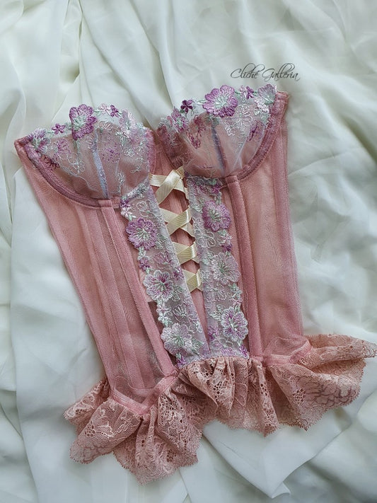 Faye - Mauve Mallow Lace Vanilla Ribbon Bustier