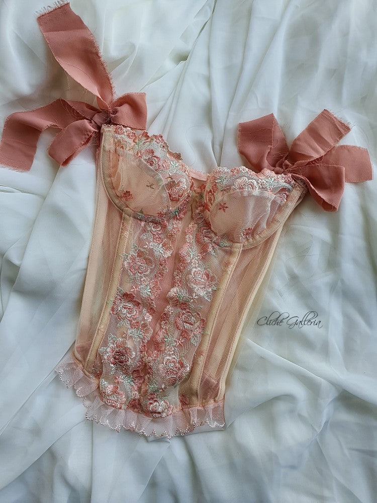 Camellia - Apricot Rose Lace Chiffon Sleeve Bustier