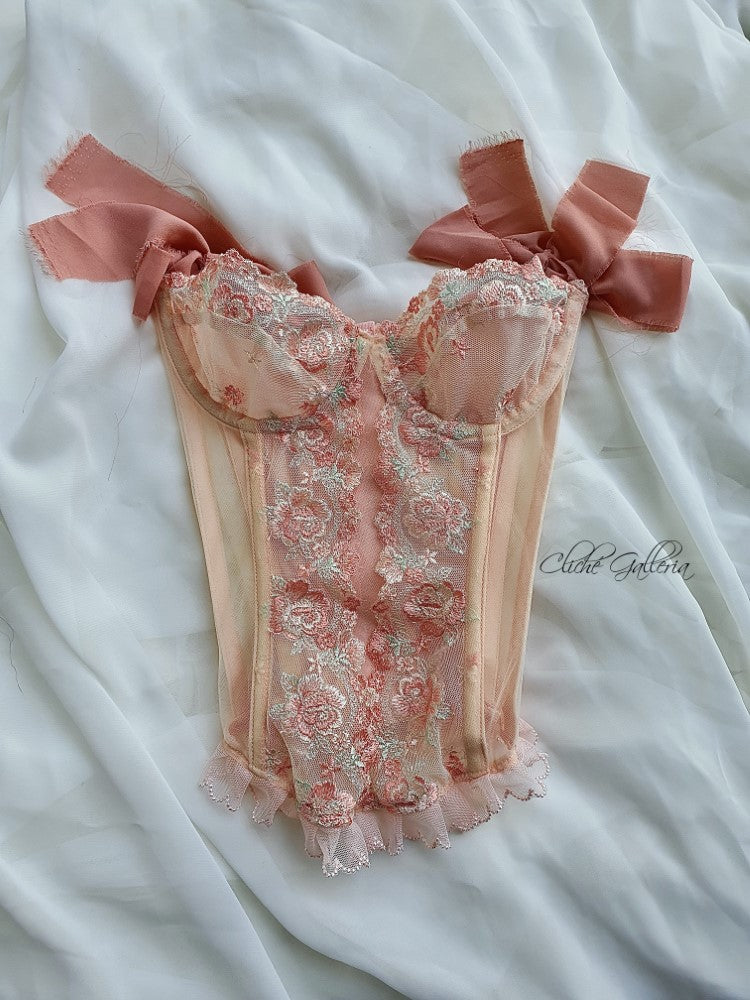 Camellia - Apricot Rose Lace Chiffon Sleeve Bustier