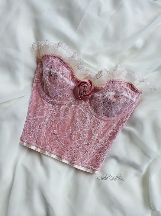 Rosalind - Bubblegum Pink Floral Lace Silk Rose Bustier