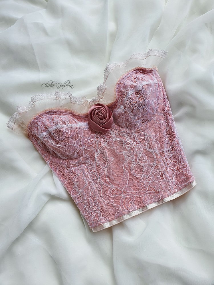 Rosalind - Bubblegum Pink Floral Lace Silk Rose Bustier