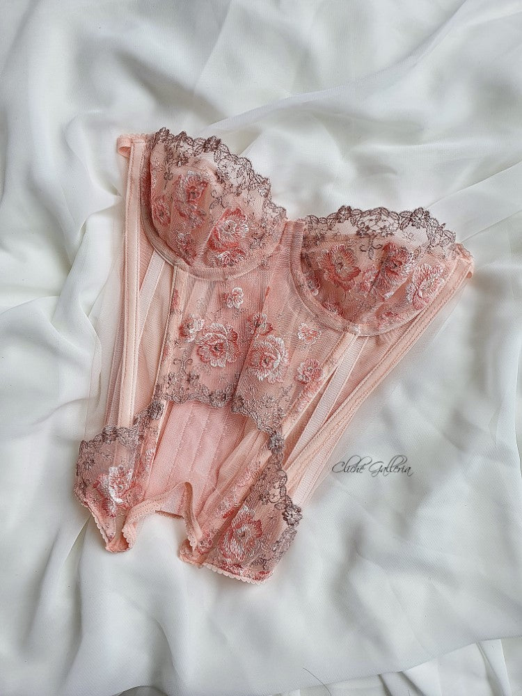 Cecily - Dusty Coral Rose Lace Bustier