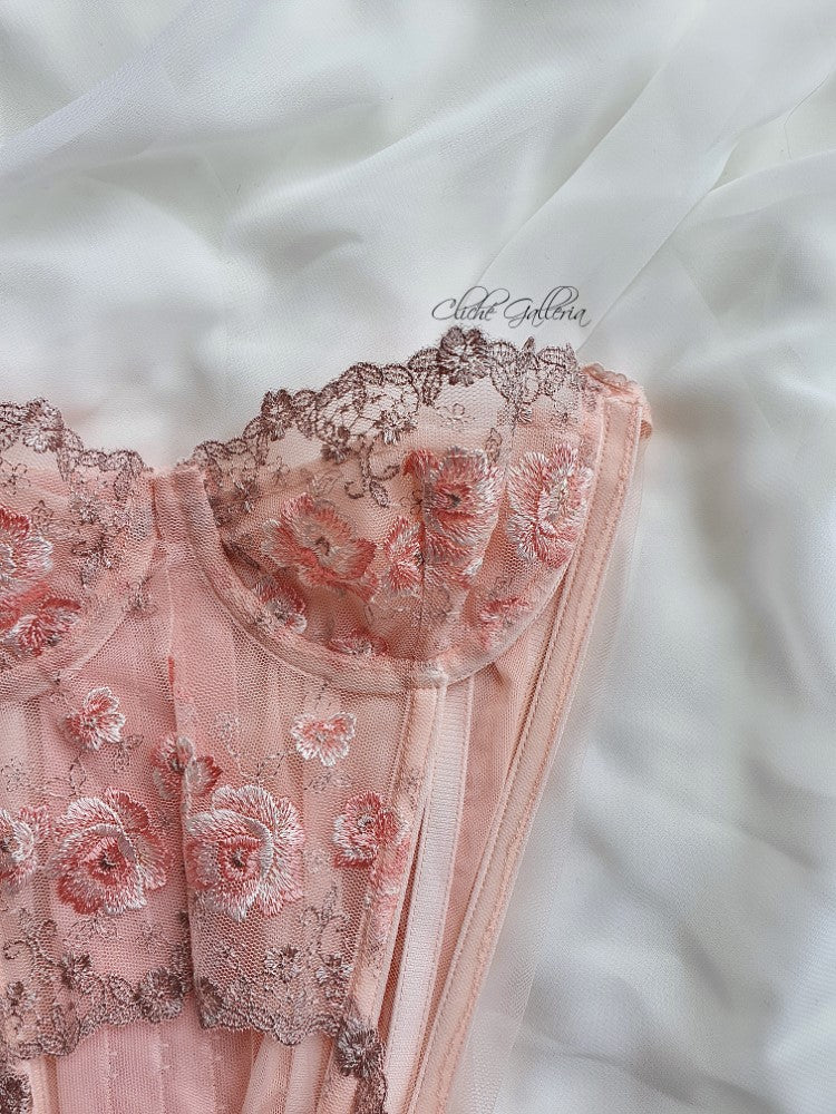 Cecily - Dusty Coral Rose Lace Bustier