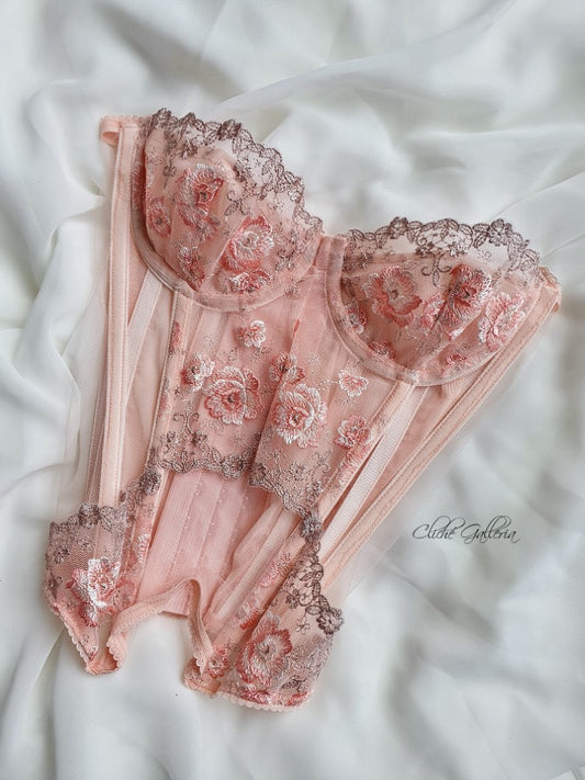 Cecily - Dusty Coral Rose Lace Bustier