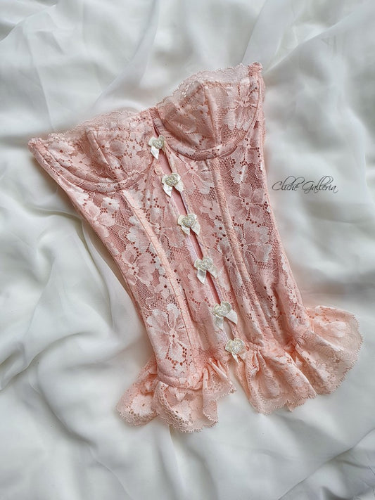 Cyra - Pink Apricot Blossom Lace Pearl Bow Bustier