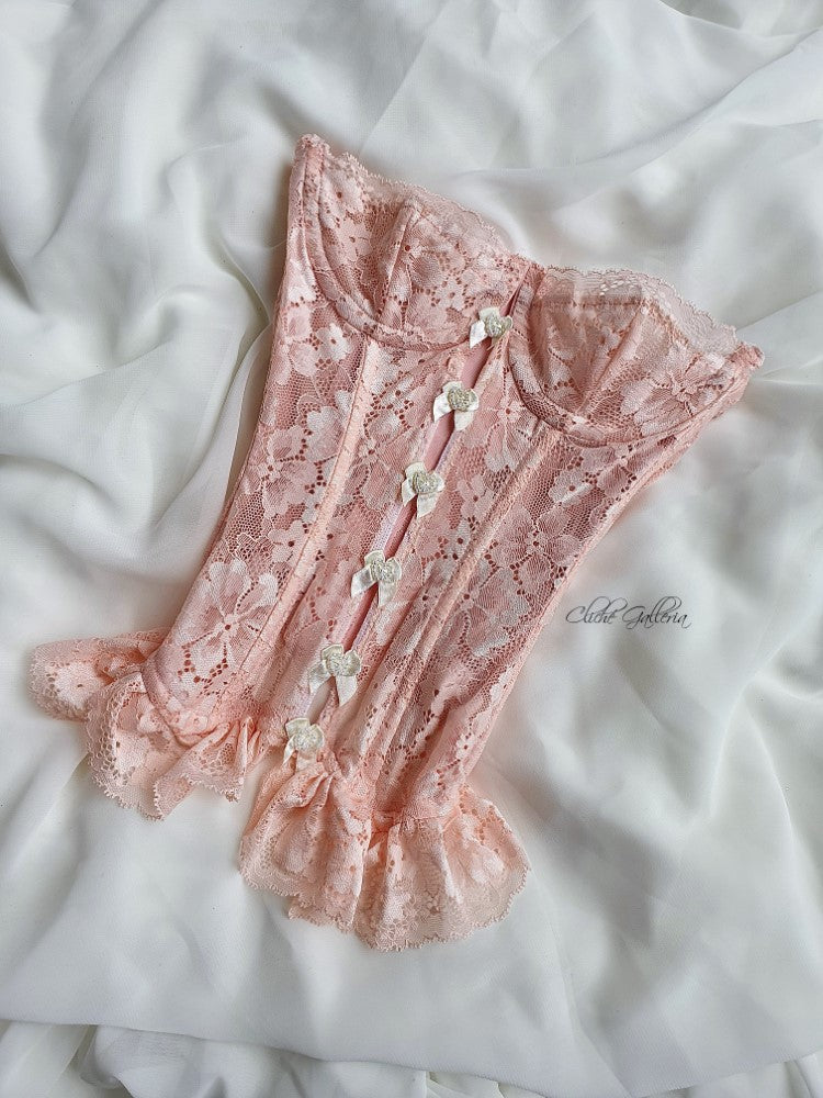 Cyra - Pink Apricot Blossom Lace Pearl Bow Bustier