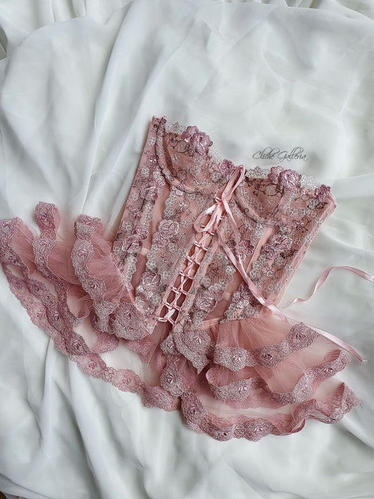 Marjorie - Blush Rose & Four Leaf Clover Lace Bustier Dress