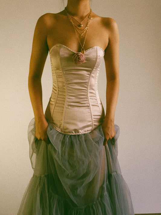 Larasati - Beige Silk Dusty Pink Peony Corset