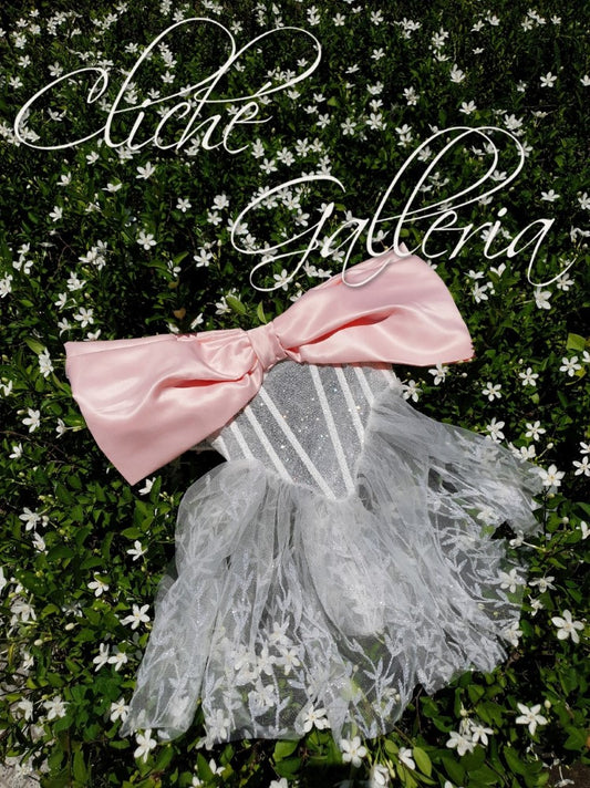 Cecelia - Bubblegum Bow Mallow Glitter Lace Bustier Dress